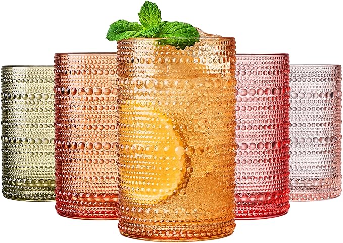 Hobnail Beaded Highball Drinking Tumbler Glasses | Set of 5 | Color, Vintage Bubble Design Whiskey Glassware, Old-Fashioned, Embossed Design, Water, Wine, Cocktail Embossed Heavy Glass, Rocks Glass