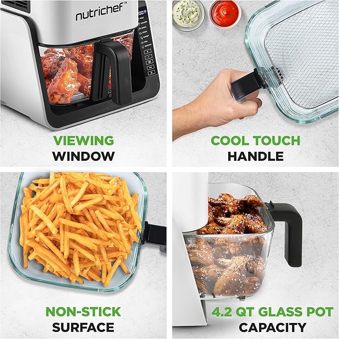 NutriChef 4 QT Air Fryer & Grill | 8-1 Preset Cook Modes | Transparent Fry Bowl for Best Cooking Results | Cook Shrimp, Steak, Fries, Wings & More | 4 QT Glass Air Fryer & 1.2 QT Grill | White