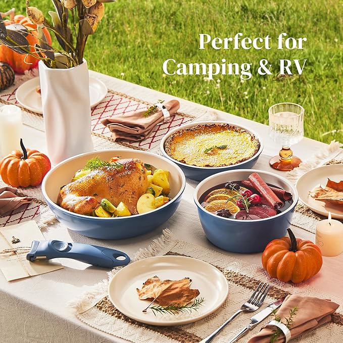 Redchef Ceramic Cookware Set, Removable Handle Pots and Pans Non-Stick, Rv Cookware Set, Non-Toxic Pots and Pans Set No PFAS, PTFE, PFOA, Detachable Pots and Pans, Dishwasher & Oven Safe(Blue)