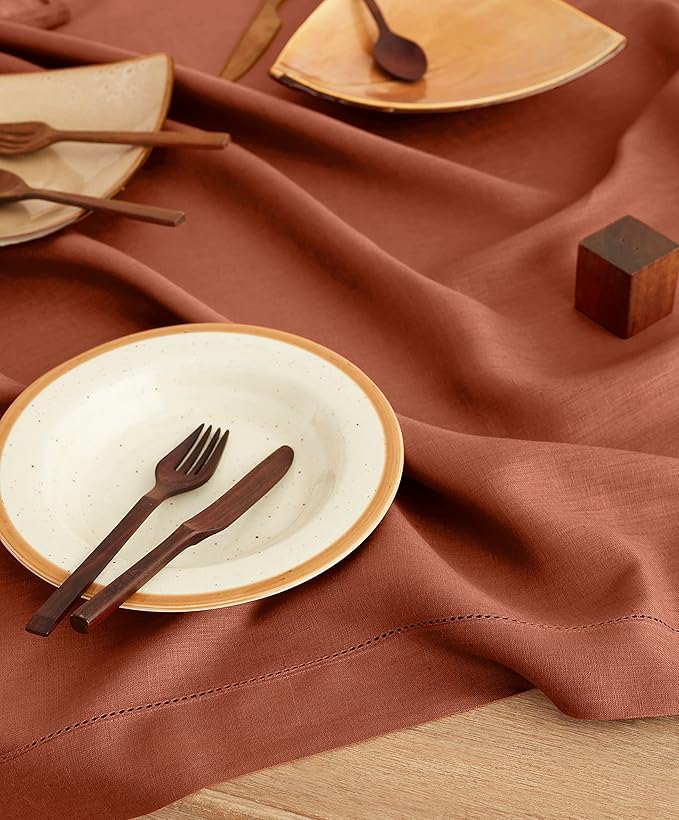 Solino Home Linen Cinnamon Tablecloth 52 x 52 Inch - 100% Pure Linen Square Table Throw - Classic Hemstitch, Machine Washable Table Cloth for Fall, Autumn, Halloween