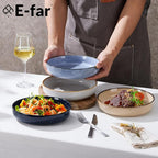 E-far Pasta Bowls Set of 4-35oz Double Reactive Ceramic Large Serving Salad Bowls, Wide & Shallow Stoneware Pasta Plates for Salad, Soup, Dinner| Dishwasher & Microwave Safe | Multicolor