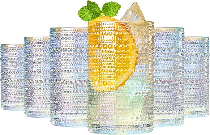Hobnail Beaded Highball Drinking Tumbler Glasses | Set of 6 | Clear, Vintage Bubble Design Whiskey Glassware, Old-Fashioned, Embossed Design, Water, Wine, Cocktail Embossed Heavy Glass, Rocks Glass