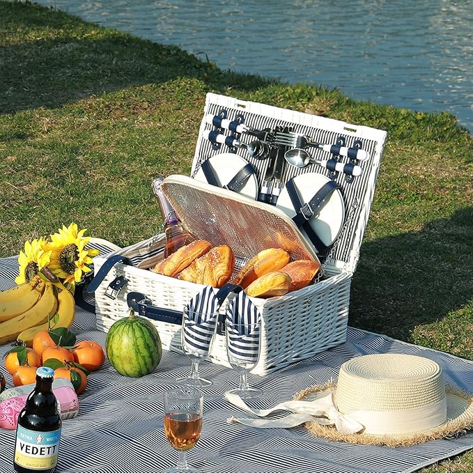 Picnic Basket Set for 4 with Waterproof Blanket Mat Insulation Bag Wicker White Navy Blue Stripe Classic Elegant Gift for Wedding Birthday Summer Camp Outdoor Camping Beach Travel Christmas
