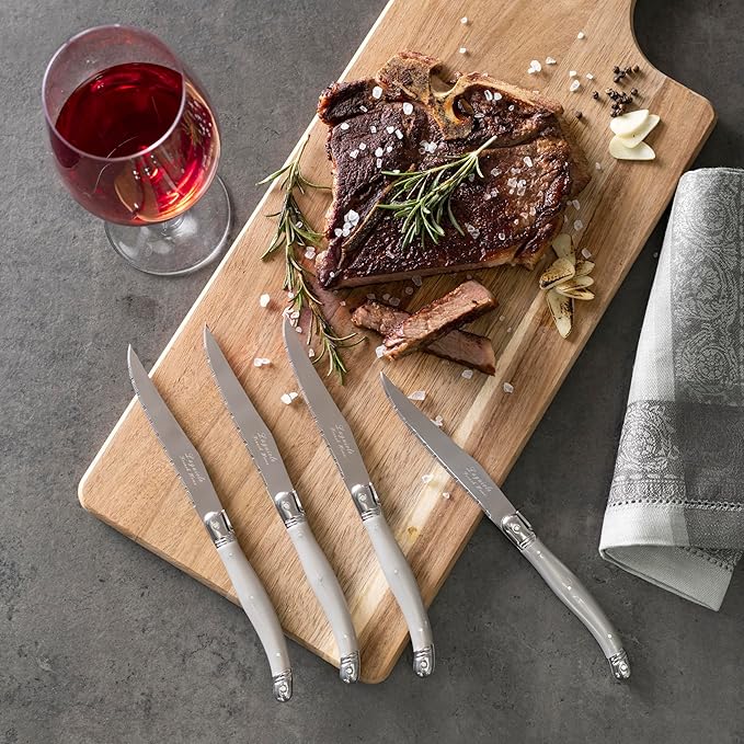 French Home Laguiole 4-Piece Steak Knife Set – Sophisticated Stainless Steel Dinner Knives with Pewter Handles & Iconic Bee Emblem – Serrated Knives for Smooth Cutting (9.25")
