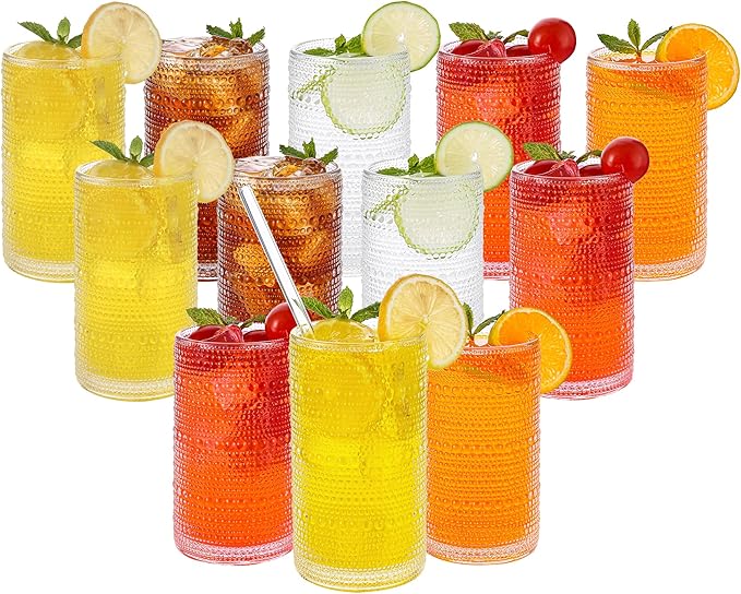 Vintage Hobnail Drinking Glasses Set of 12, 16 oz Large Capacity Embossed Clear Tumblers, Highball Glasses for Water, Cocktail, Beer, Whiskey, Kitchen & Bar Use