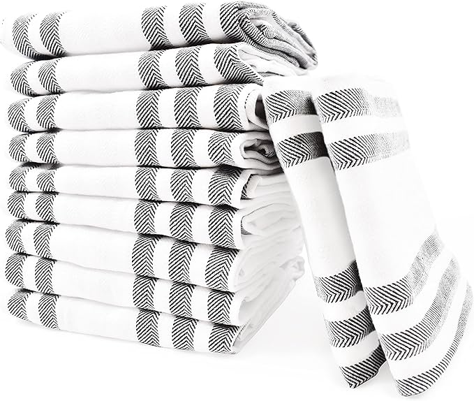 Realm 15" x 25" 100% Cotton Classic Kitchen Dish Towel (12 Pack) | Cuisine Stripe Jet Black | Super Absorbent Machine Washable Tea Towels with Hanging Loop