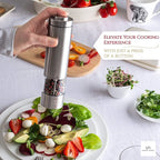 Electric Salt and Pepper Grinder - Battery Operated Stainless Steel Pepper Mill with Light - Automatic One Handed Operation - Electronic Adjustable Shaker - Ceramic Grinder