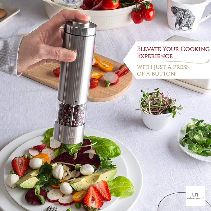 Electric Salt and Pepper Grinder - Battery Operated Stainless Steel Pepper Mill with Light - Automatic One Handed Operation - Electronic Adjustable Shaker - Ceramic Grinder