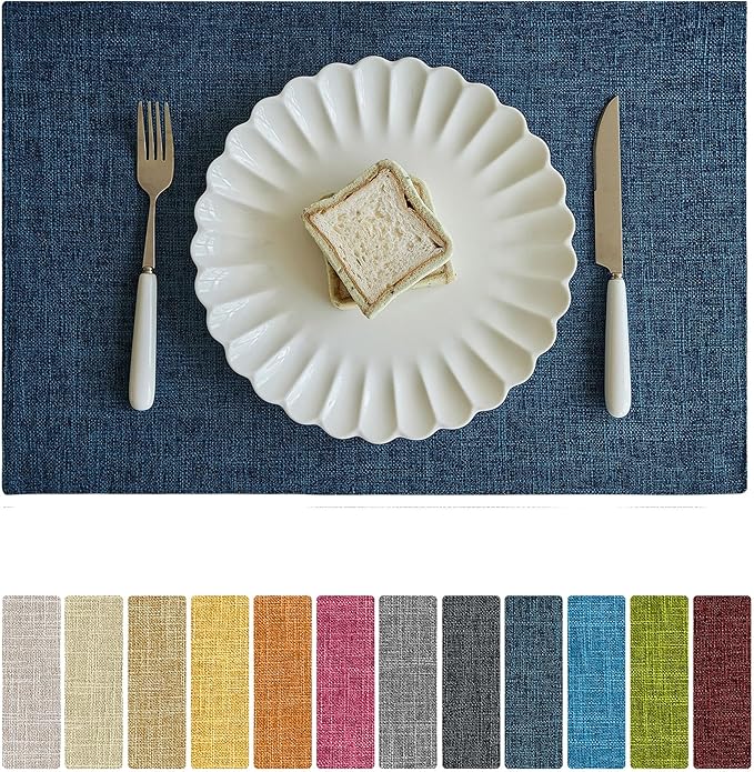 Softalker Faux Linen Placemats Set of 6-12 x 18 Inch, Heat Resistant Double Layered Durable Burlap Farmhouse Place Mats, Non-Slip Washable Rustic Table Mats for Dining, Kitchen, Party（Navy Blue