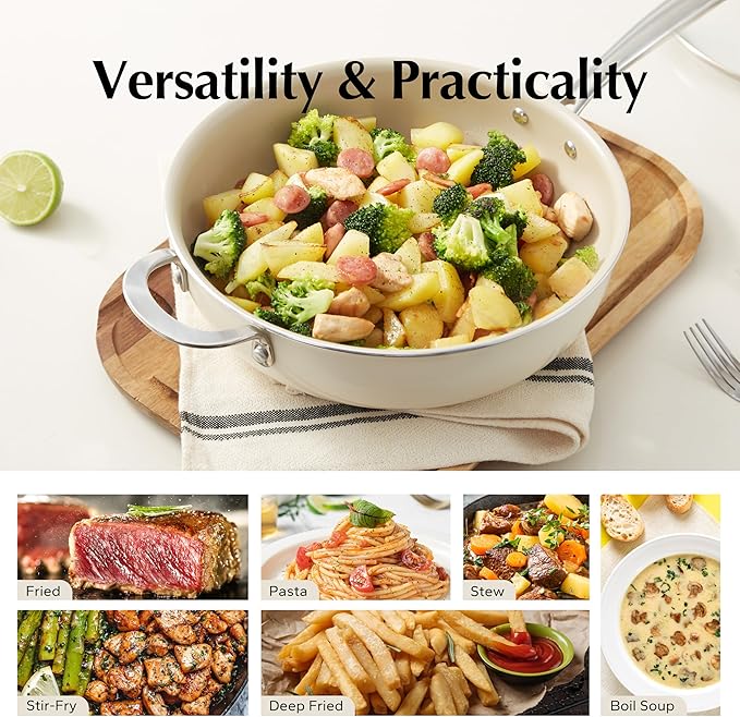 Redchef Ceramic Saute Pan with Lid, Nonstick Deep Frying Pan, 5QT Jumbo Cooker with Helper Handle & Lid, Non Toxic Ceramic Cooking Pan, Chef Pan, Dishwasher & Oven Safe, PFAS PFOA & PTFE Free