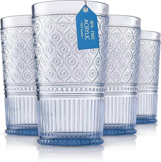 Godinger Highball Drinking Glasses, Acrylic Drinking Glasses Set, Elegant Tall Plastic Cups, Vintage Romantic Decor - Set of 4, Blue