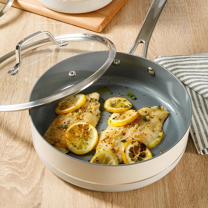 Sur La Table Kitchen Essentials Viva La Cantina 10 Piece PFA Free Titanium Ceramic Nonstick Interior Forged Aluminum Cookware Pots and Pans Set - 2 Tone White & Silver - Induction Compatible