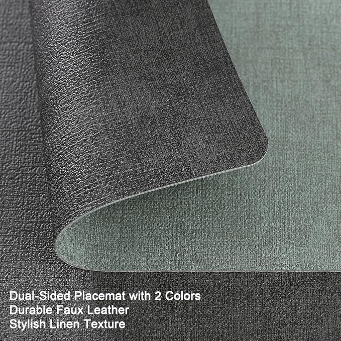 Myir JUN Dual Sided Faux Leather Placemats Set of 8 for Indoor Outdoor Dining Tables, Square Non-Slip Washable Wipeable Table Mats (Gray Sage Green, Set of 8)