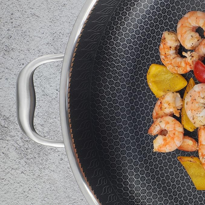316L Stainless Steel 7QT Saute Pan Hexagon Nonstick Wok with Lid, Two Handle to Hold, PFOA Free, Dishwasher Oven Safe (12.5 inches,7QT)