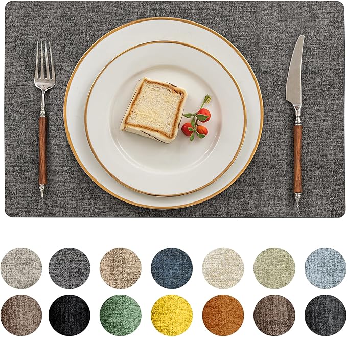 Romanstile Vinyl Placemats Set of 4-12 X 18 Inch - Heat Resistant Place Mats 100% Waterproof Oilproof Wipeable Reversible Faux Leather Table Mats for Kitchen/Dining/Party/Holiday, Dark Grey