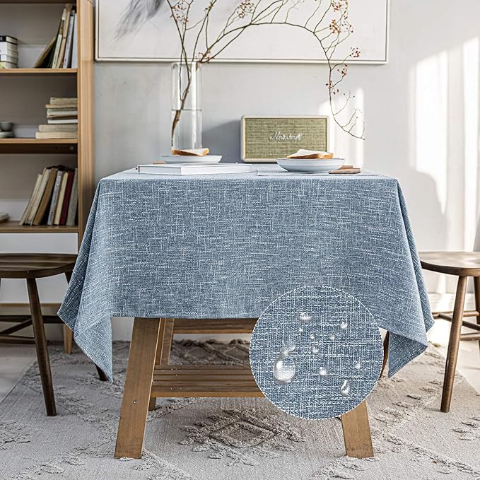 Waterproof Cotton Linen Tablecloths Round Dining Table Cloth, Wipe Clean Indoor & Outdoor Table Cover for Buffet Party and Banquets, Wrinkle Resistant（54" Diameter） Dirty Blue