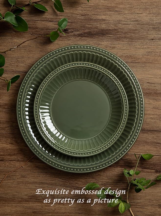 Famiware Garden Plates and Bowls Sets, 18-Piece Dishes Set for 6, Scratch Resistant Kitchen Dishes Dinnerware Set - Microwave and Dishwasher Safe, Reactive Glaze and Embossed Stoneware, Dark Green