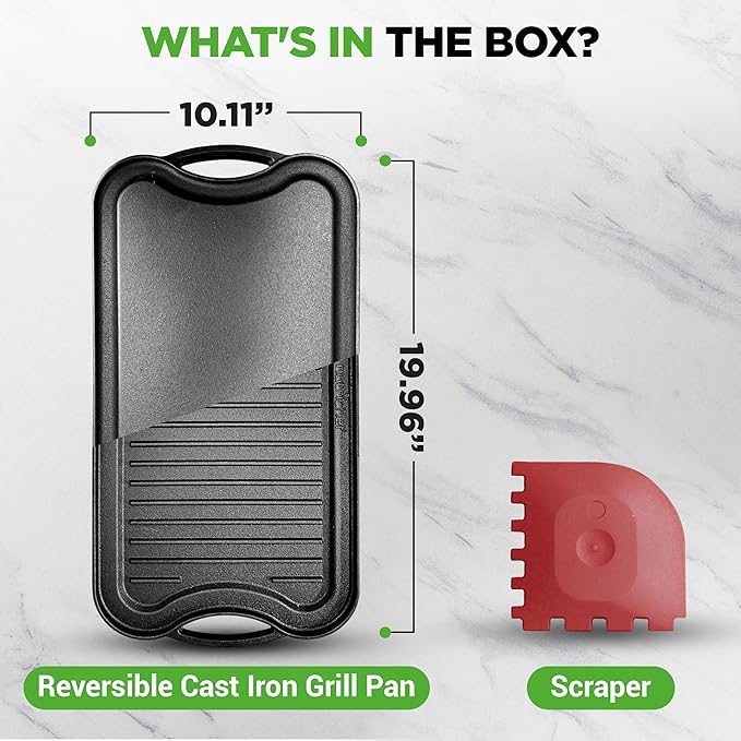 NutriChef 20"x10" Reversible Cast Iron Griddle Pan – Flat & Grill Sides, Pre-Seasoned, Oven Safe, Extra-Wide, PFOA & PFOS Free, for Gas, Electric, or Outdoor Cooking