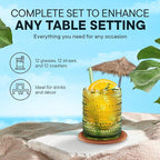 12 OZ Hobnail Drinking Set of 12 – Vintage Embossed Glassware, Textured Tumblers for Water, Beer, Cocktails, Mocktails, Whiskey & More – Includes Straws and Coasters – Green