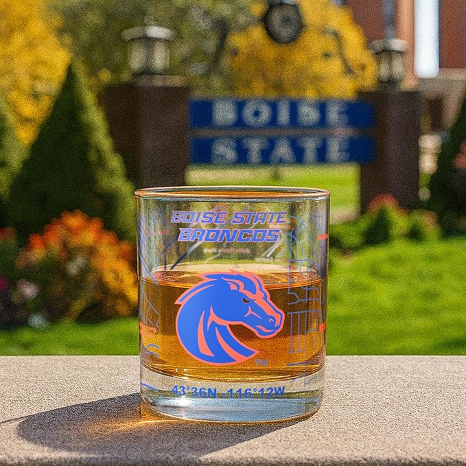 Greenline Goods – Boise State University Broncos College Whiskey Glasses (Set of 2), 10 oz – Full-Color Logo + Campus Map