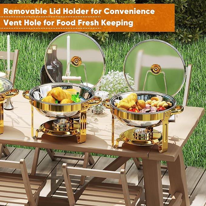 4 Pack Gold Round Chafing Dishes for Buffet, 5 QT Food Warmers and Cold Food Server for Parties, Events Hosting, Family Gatherings, Full Set Catering Supplies with Serving Utensils Accessories