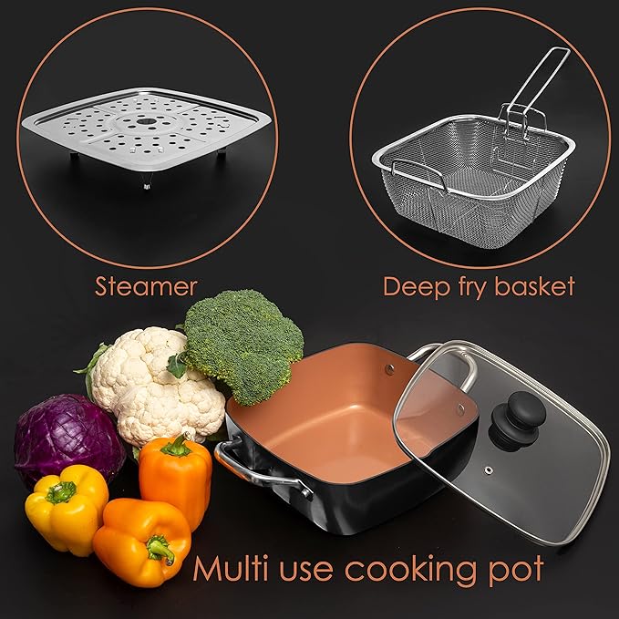 Moss & Stone 5 Pcs Black Copper Chef Cookware Non Stick Deep Frying Pan, Fry Basket, Steamer Rack, Dishwasher & Oven Safe, 5 Qt Deep Square Pan, Induction Copper Cookware Set - 9.5" x 3.5"