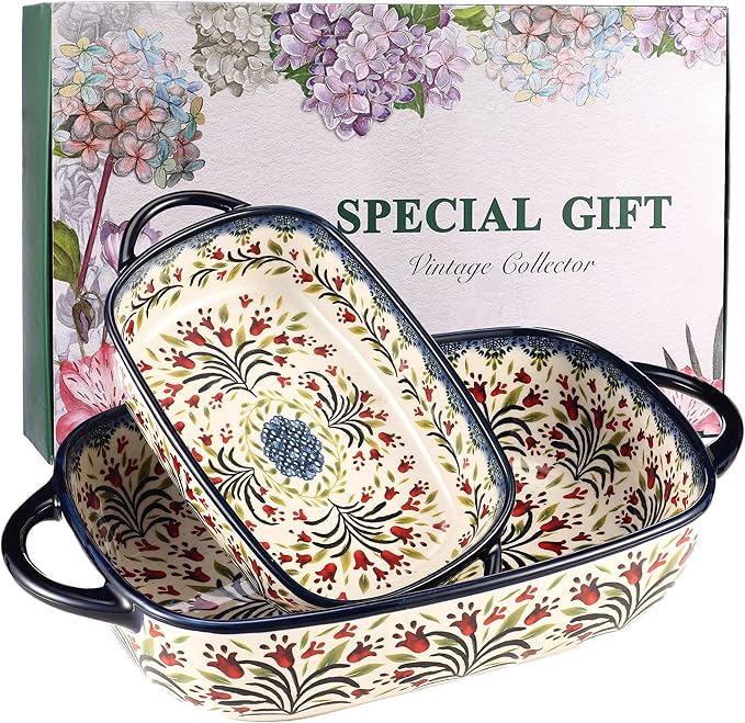 Ceramic Baking Dish Set of 2 – Decorative Polish Pottery Style Casserole Dishes with Handles, Cute Oven-Safe Lasagna Bakeware Gift Set