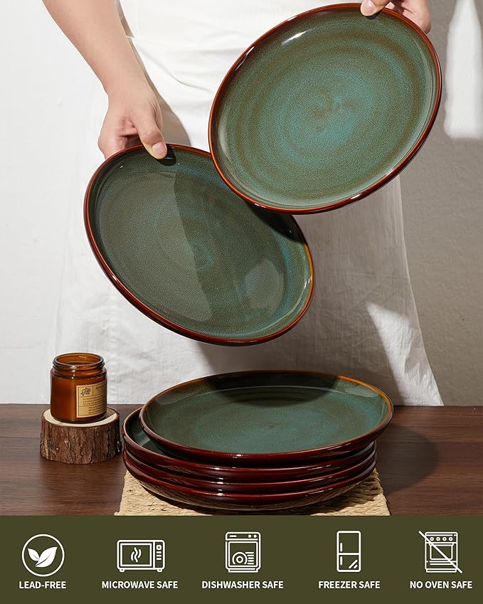 Stoneware Dinner Plates Set of 6, Ceramic Plates With Lipped Edges, Microwave/Dishwasher Safe, Modern Rustic Dinnerware, Kitchen Reactive Glaze Serving Dishes, Brown Green