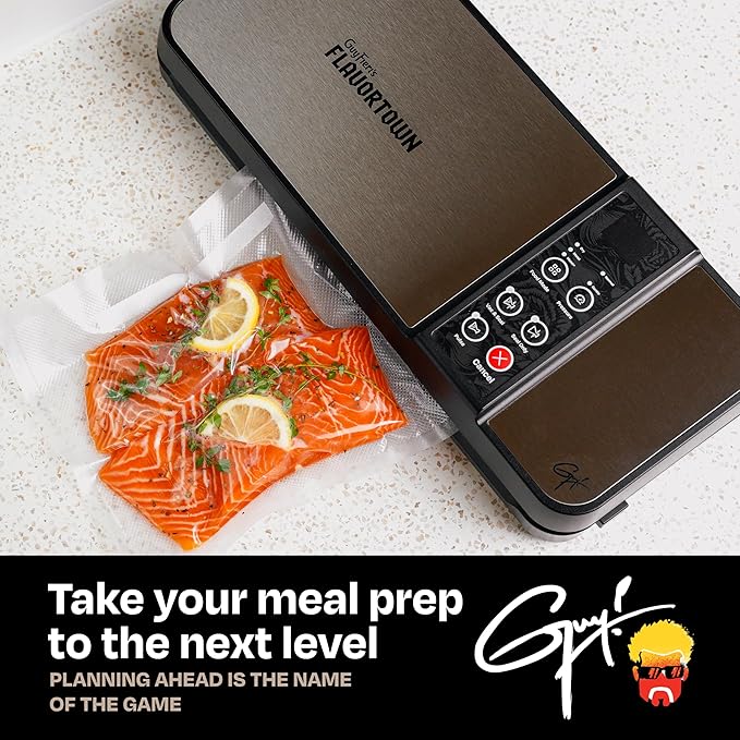 Guy Fieri's Flavortown Compact Vacuum Sealer with Built-In Roll Storage and Dry & Moist Modes - Includes Starter Kit (5) Quart Size Bags, 10ft Roll, and Accessory Hose for Containers and Bottles