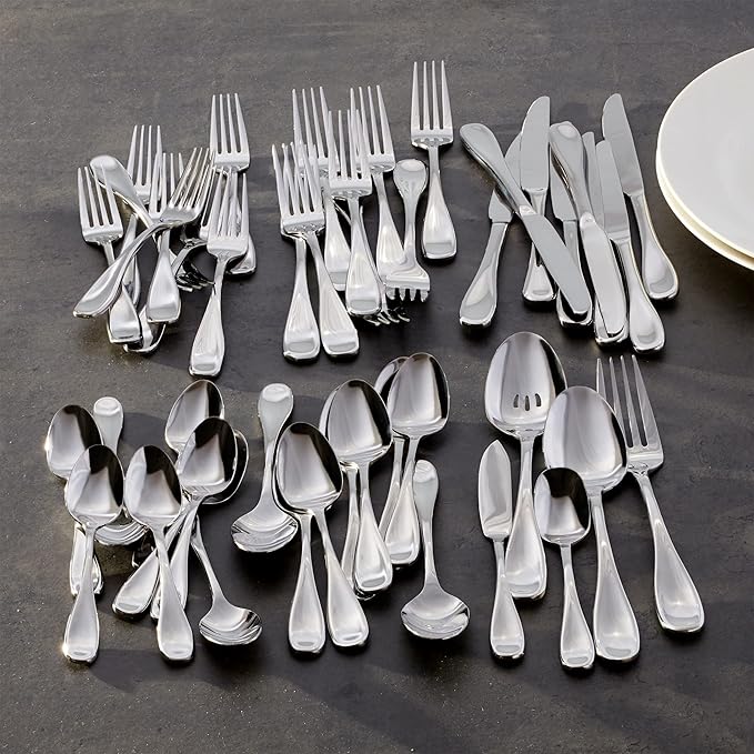 Oneida Silverware Set For 8, Voss 45-Piece Everyday Flatware Set with Serving Utensils, Service For 8, 18/0 Stainless Steel, Mirror Finish, Dishwasher Safe, Knives Spoons and Forks (Silver, 45 Pieces)