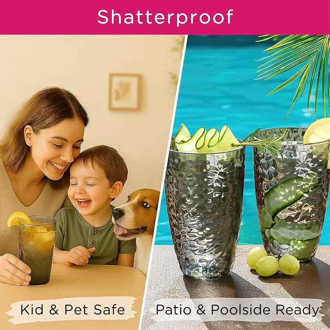 Kate Aspen Smoke Grey Hammered Plastic Tumblers, Plastic Drinking Glasses Set of 8, 23 oz, Large Shatterproof Cups Reusable for Outdoor Barware, Cocktails, BPA-Free Tumblers & Water Glasses