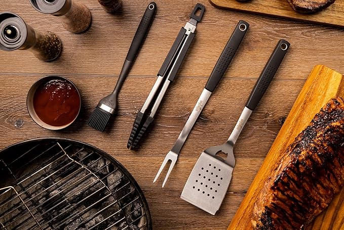 Heavy Duty BBQ Grilling Tool Set, Premium Soft Grip Tongs, Spatula with Bottle Opener and Serrated Edge, Barbecue Meat Fork, Stainless Steel Basting Brush, Premium BBQ Utensils Set (4 Piece)