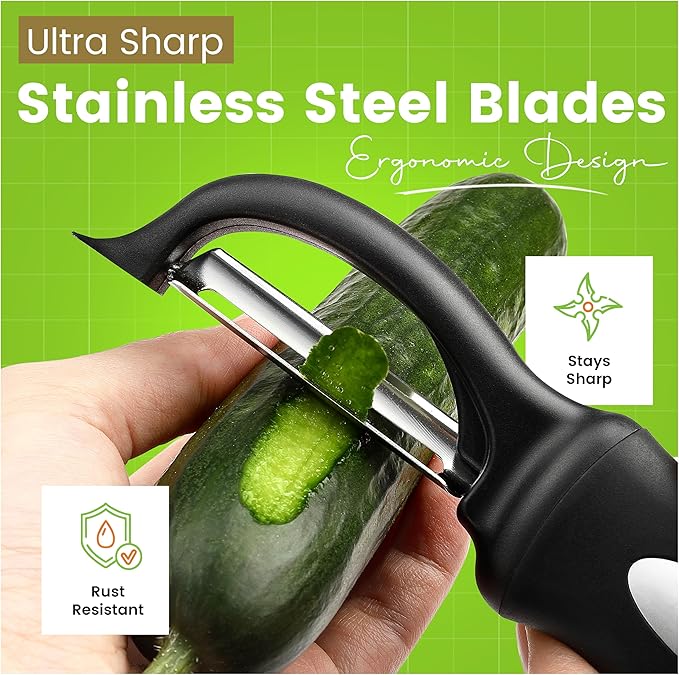 Spring Chef Stainless Steel Swivel, Y & Julienne Vegetable Peelers for Kitchen, Potato Peelers with Soft Grip Handles, Kitchen Utensils Set of 3 for Fruits, Veggies, Apple, Carrot, Cucumber - Black