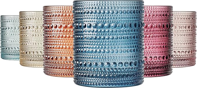 Khen Beaded Tumbler Drinking Glasses Set | Set of 6 | Fall & Holiday Decor Vintage Hobnail 11 OZ Muted Bubble Design Whiskey Glassware, Old-Fashioned, Embossed Design Glass for Water, Wine, Cocktail