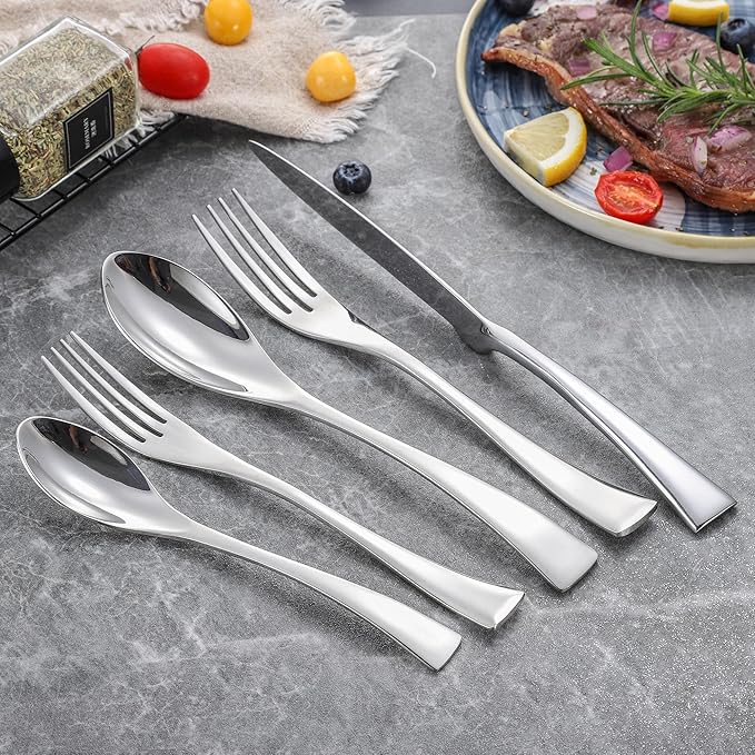Lemeya 20-Piece Silverware Set for 4,Heavy Duty 18/10 Stainless Steel Cutlery Set with Forged Stand Knife,Modern Flatware Utensils Set,Forks Spoons and Knives Set,Mirror Polished,Dishwasher Safe