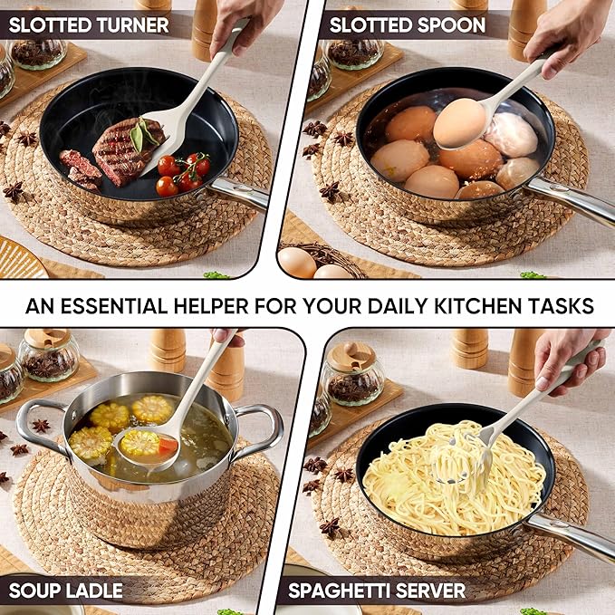 Herogo Silicone Cooking Utensils Set, 7-Piece Kitchen Utensils Set, Heat Resistant Cooking Gadget Tools Slotted Turner, Spoon, Soup Ladle, Pasta Server, Spatula, Tongs for Nonstick Cookware, Khaki