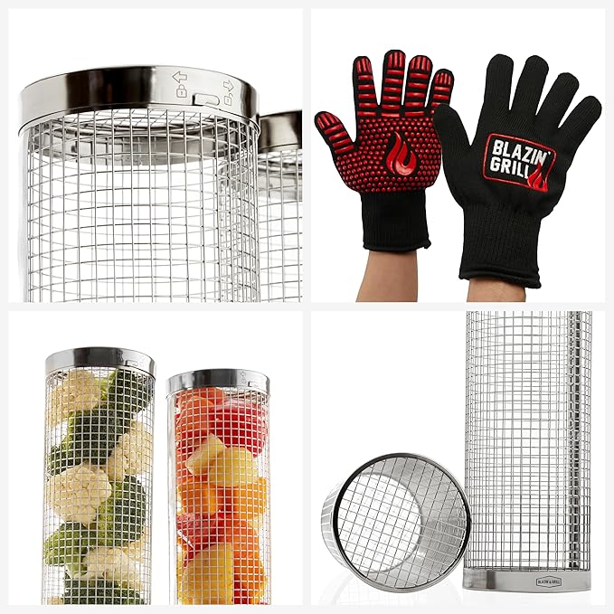 BLAZIN' GRILL Rolling Grill Basket | 2 x Grilling Basket & Smoker Accessories | Grill Baskets for Outdoor Grill with BBQ Gloves | Barbecue Grill baskets for Vegetables, Seafood & Meat