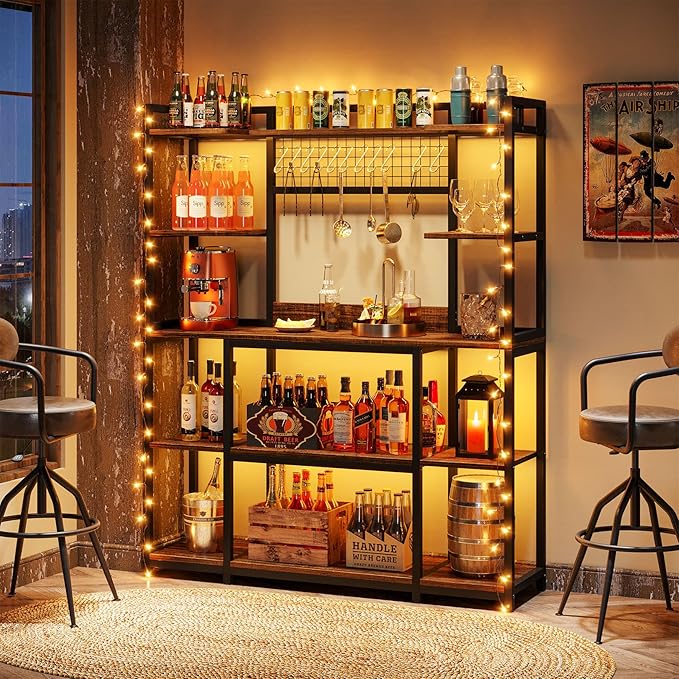 Tribesigns Large Bakers Rack, 55" Wide Kitchen Hutch Cabinet Microwave Stand with 11 Hooks, 5-Tier Baker’s Rack Kitchen Storage Shelf with Hutch, Rustic Brown
