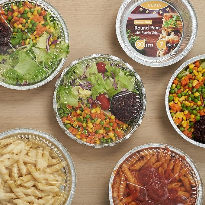 CURTA 7" Round Aluminum Foil Pans with Clear Lids | Heavy Duty | Great for Broiling, Baking, Storage, Roasting, Takeout, Air Fryer | 30 Pack