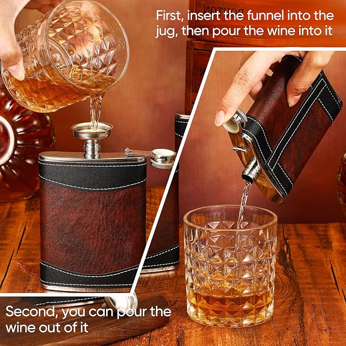Rtteri 6 Set 8 oz Leather Hip Flasks for Liquor for Men Leak Proof Stainless Steel Drinking Flasks with Funnel Soft Wrap Whiskey Vessels for Wedding Bridesmaid Christmas Gifts (Brown)
