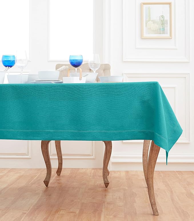Solino Home Linen Tablecloth 60 x 90 Inch - Classic Hemstitch 100% Pure Linen Teal Table Cloth for Rectangle Tables - Machine Washable Tablecloth for Summer, Fall, Autumn
