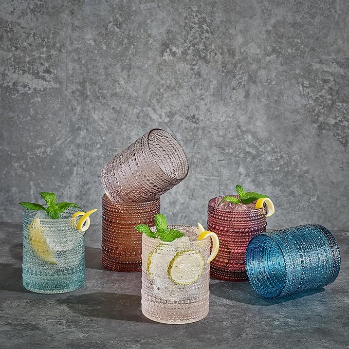 Khen Beaded Tumbler Drinking Glasses Set | Set of 6 | Fall & Holiday Decor Vintage Hobnail 11 OZ Muted Bubble Design Whiskey Glassware, Old-Fashioned, Embossed Design Glass for Water, Wine, Cocktail