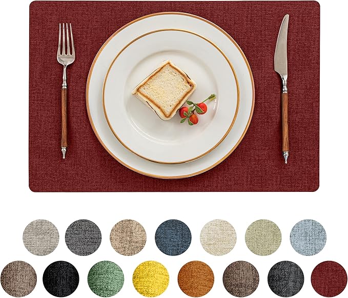 Romanstile Vinyl Placemats Set of 8-12 X 18 Inch - Heat Resistant Place Mats 100% Waterproof Oilproof Wipeable Reversible Faux Leather Table Mats for Kitchen/Dining/Party/Outdoor, Red