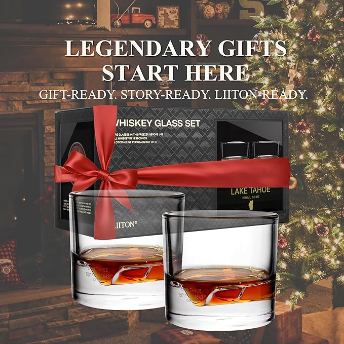LIITON Lake Tahoe Heavy Crystal Whiskey Glasses Gift Set of 2, Thick Freezable Bourbon Glass 1lb Each, Premium Whiskey Gifts for Men, Frozen Crystal Chills Cocktails, 10 oz