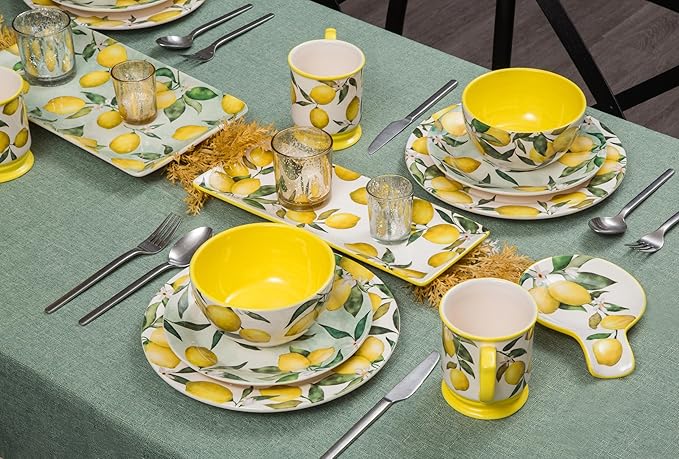 Bico Lemon Dreams Cereal Bowls Set of 4, 26 oz Deep Ceramic Soup Bowls for Cereal, Salad, Noodles, Kitchen, Microwave and Dishwasher Safe, Gift for Housewarming and Thanksgiving