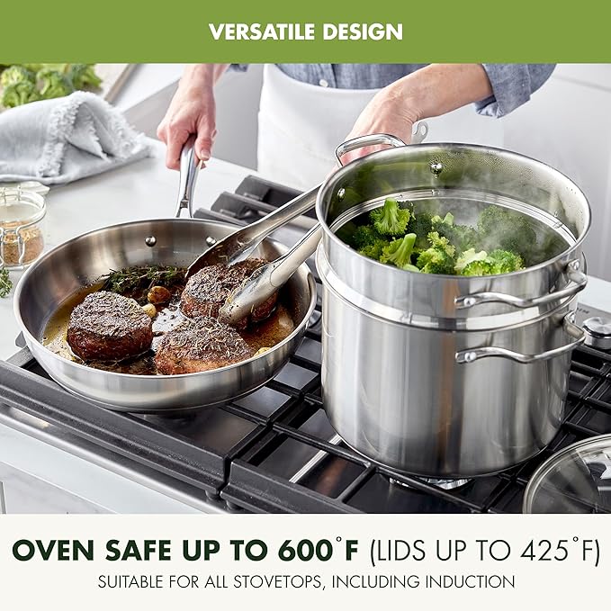 GreenPan 11 Piece Stainless Steel Cookware Set, Induction Ready, Tri-Ply Multiclad Pots & Pans with Lids, Compatible on All Cooktops, Measurement Markings, Dishwasher & Oven Safe,Swift, Silver Handles