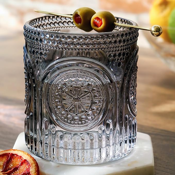 Kate Aspen Ribbed Retro Arch Floral Smoke Grey Drinking Glasses Set of 6, (10 oz) Vintage Glassware Set Cocktail Glass Set, Juice Glass, Water Cups | Hostess Gift & Present for New Home Owners