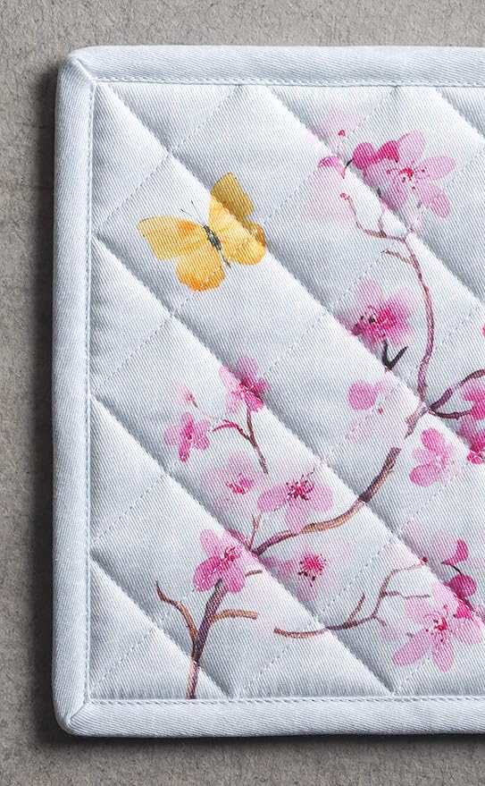 Maison d' Hermine Pot Holders Set 100% Cotton Heat Resistant Potholders 8" x 8" Hot Pads with Loop BBQ, Cooking, Grilling, Kitchen, Handling Hot Pans Spring/Summer (Pack of 2, Blossoms in Spring)