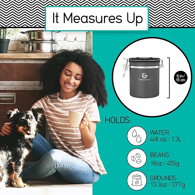 Coffee Gator Coffee Canister, Airtight 16oz Stainless Steel and 4oz Borosilicate Glass Jar Travel Kitchen Food Storage Container with Date Tracker, Scoop for Grounds, Beans, Sugar, Tea, Cookies