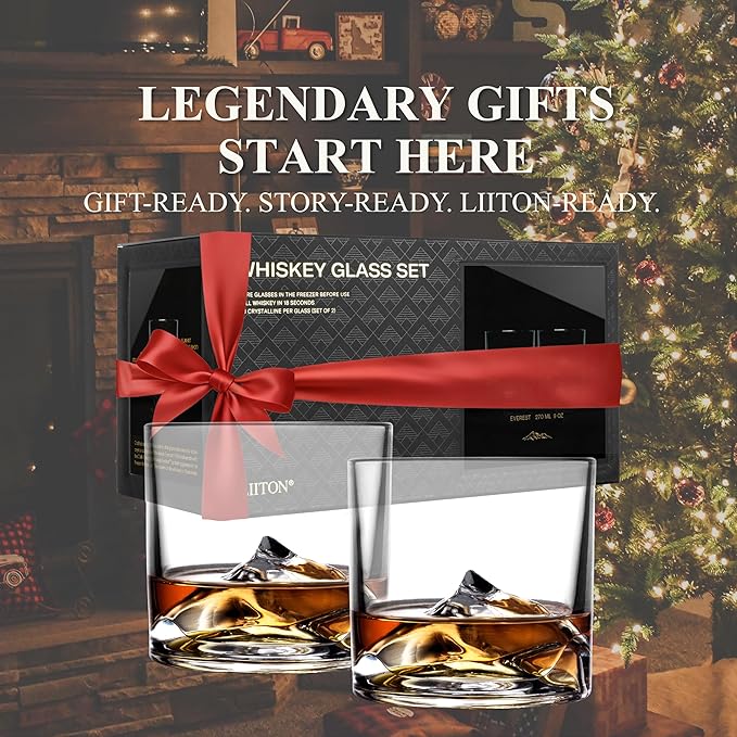LIITON Mount Everest Heavy Crystal Whiskey Glasses Gift Set of 2, Thick Freezable Bourbon Glass 1lb Each, Premium Whiskey Gifts for Men, Frozen Crystal Chills Cocktails, 10 oz